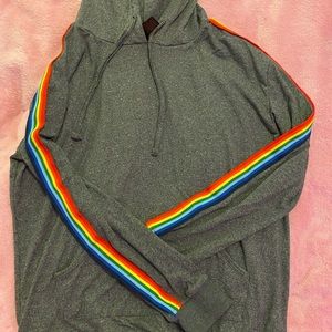 grey sweatshirt with rainbow stripes